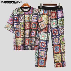 Masculinos Tracksuits 2023 Mens Impresso Lace Transparente Oversized O-pescoço Meia Manga T-shirt e Calças 2 PCS Sexy e Elegante Mens Casual Set Q240228