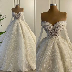 Stunningbride 2024 Stylish Off Shoulder Wedding Dresses Pearls Beaded Bridal Gowns Long Sleeves Custom Made Romantic Lace Bride Dresses