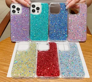 Shinny Foil Confetti -fall för iPhone 15 Plus 14 Pro Max 13 12 11 X XR XS 8 7 6 Luxury Soft TPU Bling Sequin Glitter Sparkle Sparkly Smart Mobile Cell Phone Back Cover Hud