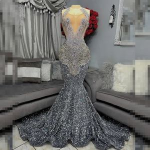 Sier Prom -klänningar för svarta flickor 2024 Rhinestone Sequin Mermaid Party Gowns Evening Dress Vestidos de Festa