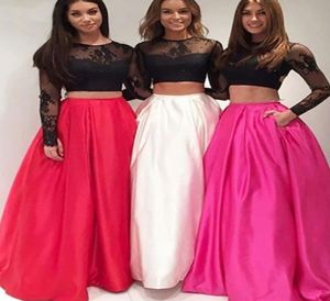 New Red Evening Gown ALine Two Piece Prom Dress with Pockets Round Neck Open Back Black Lace Long Sleeves Prom Dresses Long7283040