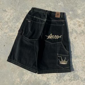 American JNCO Black Mens Five Pants Embroidered Gold Crown Pattern Fashion Street Trend Jeans Wide Leg Y2K Shorts 240226