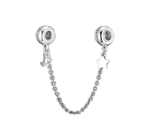 Real 925 Sterling Silver Bead Charms Sparkling Moon Star with Crystal Safety Chain Clip Beads Fit Charm Bracelet DIY Winsome Jew9777405