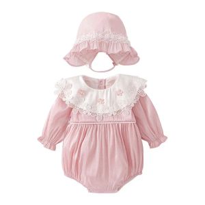 Jackets Korean Baby Lace Clothes Newborn Girls Long Sleeve Cotton Rompers with Hat Infant Baptism Jumpsuit Baby 1st Birthday Outfits