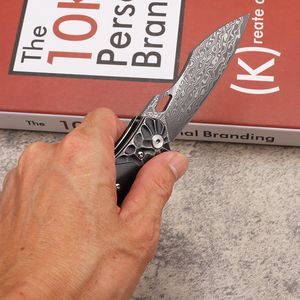 A2281 av hög kvalitet High End Flipper Knife VG10 Damascus Steel Blade Ebony med Stainess Steel Sheet Handle Ball Bearing Fast Open Pocket Knives med läderhölje