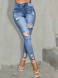 Jeans feminino azul rasgado buracos jeans magros ajuste alto estiramento angustiado jeans apertados das mulheres jeans roupas