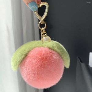 Keychains Real Rex Fur Peach Keychain - Trendig mjuk nyckelkedja Fuzzy Furry Food Charm Söt plysch för handväska och nycklar