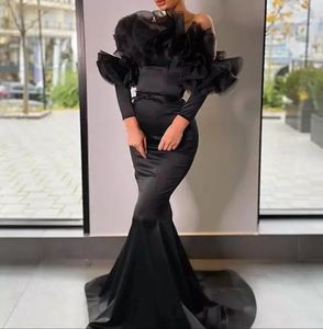 Ruffles Off The Shoulder Mermaid Prom Dresses Long Sleeves Slim Fitted Sexy Black Evening Dress For Women