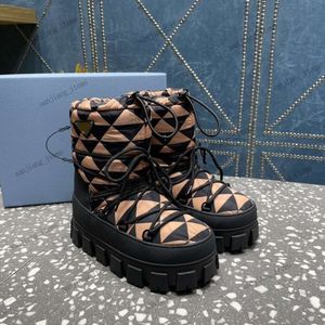 Nylon gabardine apres ski boots Puffer Upper with drawstring Removable padded pile lining platforms triangle logo booties designer snow boot chunky winter shoes