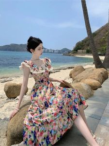 Casual Dresses Women Seaside Vacation Beach Long Skirt French One Shoulder Chaise Dress Off-Shoulder Oil Painting Print Summer 2024