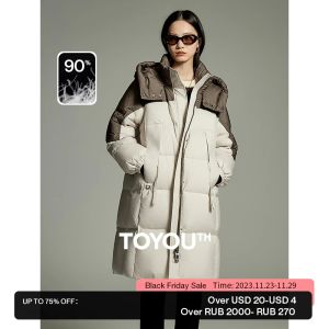 코트 토우스 여성 다운 재킷 2023 겨울 긴 소매 느슨한 두꺼운 두꺼운 오버 코트 색상 차단 디자인 패션 따뜻한 코트