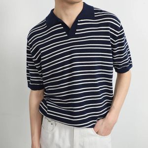 Erkek Polos 2024 Yaz Örgü Polo Gömlek Kore Moda Basit Retro Stripe Kısa Kollu Yakel İş Gündelik Top T-Shirt
