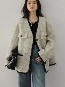 Harajuku Y2K Tweed Jacke Frauen Vintage Adrette Lose Mantel Koreanische Herbst Winter Dame Langarm V-ausschnitt Design Outwear 240226