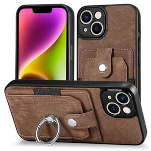 For Iphone15 Card Case Luxury Protection Cover Bracket Case Solid Color Retro Hardware Ring Car Magnetic Leather Cses Holster Card Function