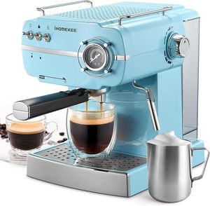 Máquina de café expresso Ihomekee, cafeteira expresso estilo retrô com aquecimento rápido automático, máquina de cappuccino com leite com varinha de vapor para bocal de leite, medidor de pressão, Aqua