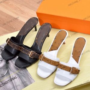 Paris Square Toe Women Slippers Mono Flowers Heels Mules Buckle Strap Sandals high heel Pump stiletto dress shoes Slides Party Wedding Beach Dinner Casual Flip Flops