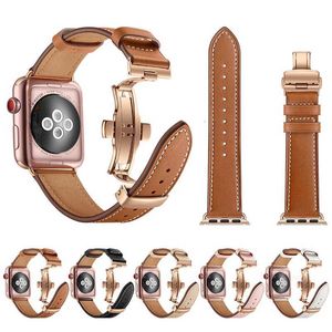 Designer Rose Gold Butterfly Clasp Strap Belt Genuine Leather band for Apple iWatch Series 1 2 3 4 5 6 7 8 SE Replacement Accessories 38mm 40mm 42mm 44mm 45mm Watch Band ca