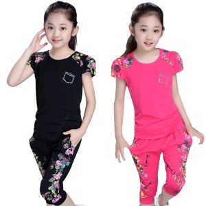 Set Estate Set di abbigliamento per ragazze Completo sportivo per bambini Stampa in cotone Maglietta a maniche corte + pantaloni 2 pezzi Vestiti per ragazza 4 6 8 10 12 14 anni