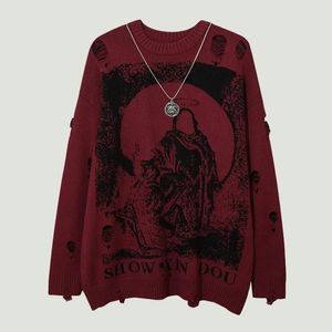 Streetwear Zniszczona dziura swetry męskie Hip Hop Harajuku Kapłan Zbawienie wydrukowane z łańcuchem ponadwymiarowe pullover unisex 240226