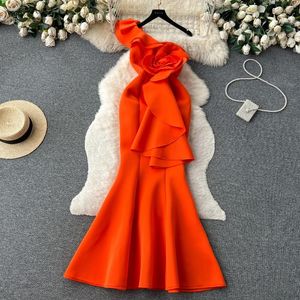 Casual Dresses Elegant Chic Floral Ruffle Dress French Diagonal Collar Off Shoulder Evening Party Vestidos Women Trumpet Ceremonial