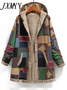 트렌치 JXMYY 2023 겨울 유럽 및 미국 인기있는 새로운 여성 면화 및 리넨 인쇄 후드 스웨터 따뜻한 봉제 재킷