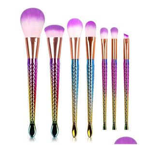 Pincéis de maquiagem Novos 7 Pcs Conjunto de pincéis de maquiagem de sereia Dreamy Fishtail Kit longo sintético bonito Make Up Drop Delivery Saúde Beleza Maquiagem Dhdso