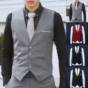 Fashion Men Vests Waistcoat Solid Color V Neck Sleeveless Buttons Blazer Plus Size Formal Business Jacket 240228