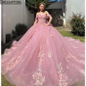 2024 홍당무 분홍색 Quinceanera 드레스 볼 가운 오프 어깨 스팽글 레이스 아플리케 크리스탈 구슬 얇은 색 파티 스팽글 푹신한 파티 드레스 무도회 이브닝 가운