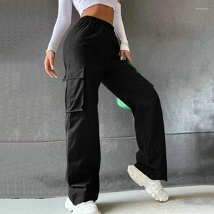 Calças femininas jovens meninas moda casual em linha reta perna larga calças femininas soltas bolsos grandes y2k hip hop cor sólida