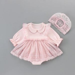 재킷 아기 여자 옷 가을 바디 슈트 유아 아기 세례 침례 파티 공주 드레스+레이스 모자 2pcs/set 핑크 02y