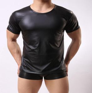Men039s Tshirts Men Patent Leather Sist Shirts Pu Sexy Fitness TopsゲイラテックスTシャツステージティーパーティークラブウェア7041206