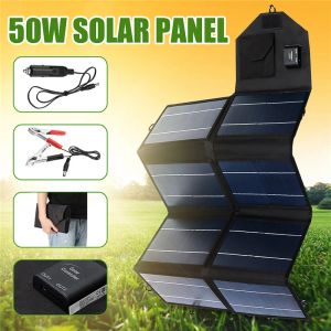 Solar 50W Solar Panel Charger Kit DC 12V/3A Output Foldable Outdoor Dual USB Port Solar Panel System Car Charger Phone Laptops Battery