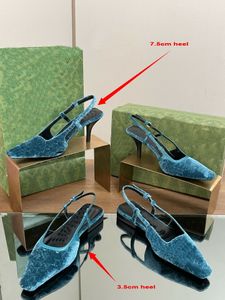 فستان أحذية مخملية Slingbacks النساء الأصليات المصممة المصممة المصممة الفاخرة 3.5 سم و 7.5 سم كعب عالي مربع أحذية كاحل الأزياء مع مربع أصلي