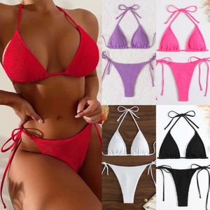 2024 Neues Damen-Bikini-Set mit solider Bademode, Dreiecksausschnitt, mehrfarbig