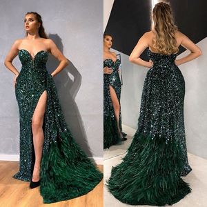 2020 zielona syrena sukienki wieczorowe koraliki raskowe cekiny Pióro Tiul Tiul Sukienka na podłogę Długość specjalna okazja 301f