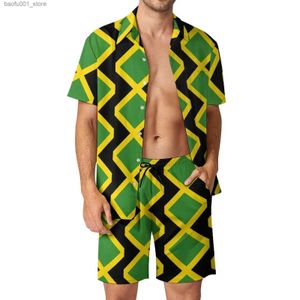 Men's Tracksuits Jamaican flag mens clothing Jamaican padded aesthetic casual shirt set short sleeved design short sleeved summer vacation set Plus size 3XL Q240228