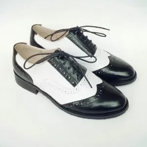 Casual Shoes Four Seasons Genuine Leather Black White Sapato Women Oxford Leisure Derby Flat Wing Tip