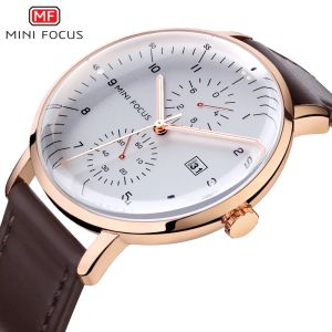 Relógios mini foco moda masculina relógios marca superior relógio de quartzo data janela relógio de pulso marrom pulseira de couro genuíno reloj hombre