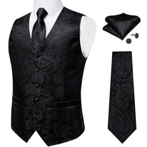 Lyxig svart Paisley Silk Suit Vest Set For Men Neck Tie Pocket Square Cufflinks Wedding Party Tuxedo Man Blazer Waistcoat 240228