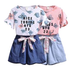 Ställ in flickkläder Set Summer Flower Shirt +Jean Short Pants 2 PCS Girl Clothing Set For Girls Teen Kids Clothes 8 10 12 14 Year