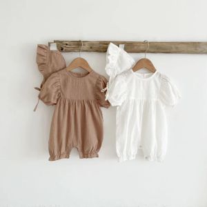 Jackor 2022 Summer Baby Rompers Kort ärm Toddler Girls Jumpsuits Spädbarn Baby Boys Romper med hatt