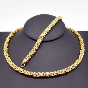 6MM width Mens Gold Color Chain Stainless Steel Necklace Bracelet set Flat Byzantine fashion jewelry2622