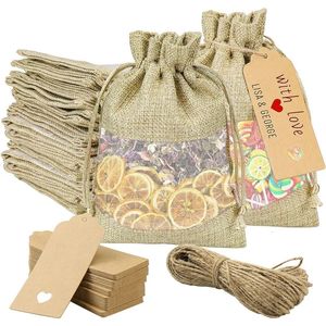 50 pezzi lotto sacchetti di organza di tela di lino regalo di nozze con etichette Kraft Bomboniere di Natale pacchetto sacchetti con coulisse in rete 10x14 cm 240226