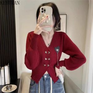 Cardigans Vneck Short Sweater Coat Women 2023 Spring Autumn Slim Fit Double Breasted Cropped Sticked Cardigan Mujer Knitwear Tops Jumper