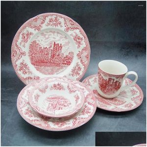 Piatti Piatti The Old Britain Castles Set da tavola rosa Stoviglie in stile europeo Piatto da colazione in ceramica Piatto da dessert con manzo Piatto da zuppa Drop Dhevo