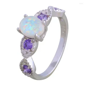 Bröllopsringar JLR-251 Partihandel Fashion Jewelry Syntetic Oval White Fire Opal Amethyst Cubic Zirconia Brass Ring for Woman