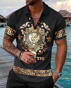 Polos masculinos com estampa casual polo manga curta camiseta luxuosa leão estampa 3D tops de verão