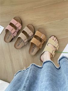 Full Leather Boken Cork Sole Sandals, Slippers for Wearing on the Outside, Thick Soled Boken Shoes, Summer Unisex Style, Straight Line Beach Slippers