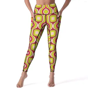 Aktive Hose, Retro-Leggings mit Geo-Print, Taschen, rote und gelbe Grafik, Yoga, hohe Taille, Gym-Leggings, lässige Stretch-Sportstrumpfhose