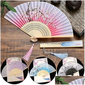 Chinese Style Products Vintage Silk Folding Fan Japanese Bamboo Home Decoration Ornaments Dance Hand Art Craft Drop Delivery Garden Dhaw0